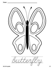 Free printable butterfly coloring page and cursive word tracing worksheet, perfect for preschool, pre-k, and kindergarten, PDF