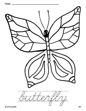 Free printable butterfly coloring page and cursive word tracing worksheet, perfect for preschool, pre-k, and kindergarten, PDF