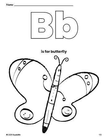 Free printable butterfly coloring page, letter b coloring page for preschool, pre-k, and kindergarten, PDF