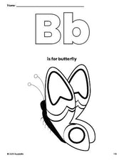 Free printable butterfly coloring page, letter b coloring page for preschool, pre-k, and kindergarten, PDF