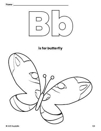 Free printable butterfly coloring page, letter b coloring page for preschool, pre-k, and kindergarten, PDF