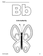 Free printable butterfly coloring page, letter b coloring page for preschool, pre-k, and kindergarten, PDF