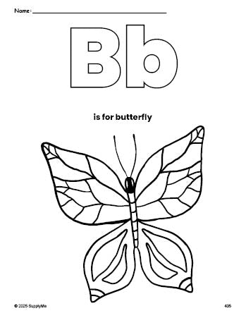 Free printable butterfly coloring page, letter b coloring page for preschool, pre-k, and kindergarten, PDF