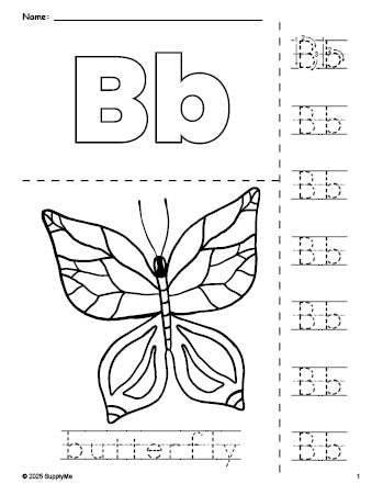 Free printable butterfly coloring page and letter tracing worksheet, letter b worksheet for preschool, pre-k, and kindergarten, PDF