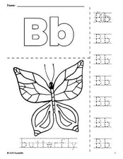 Free printable butterfly coloring page and letter tracing worksheet, letter b worksheet for preschool, pre-k, and kindergarten, PDF