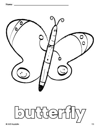 Free printable butterfly coloring page for preschool, pre-k, and kindergarten, PDF