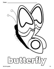 Free printable butterfly coloring page for preschool, pre-k, and kindergarten, PDF