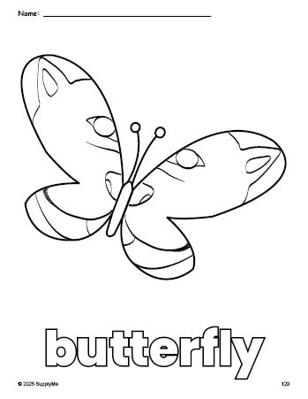 Free printable butterfly coloring page for preschool, pre-k, and kindergarten, PDF