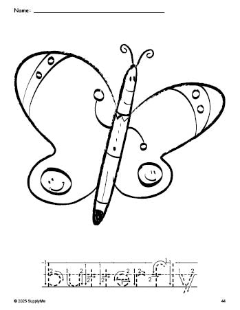 Free printable butterfly coloring page and word tracing worksheet, letter formation guides, perfect for preschool, pre-k, and kindergarten, PDF