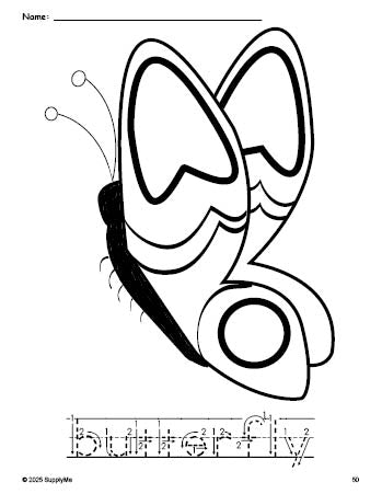 Free printable butterfly coloring page and word tracing worksheet, letter formation guides, perfect for preschool, pre-k, and kindergarten, PDF