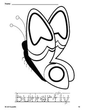 Free printable butterfly coloring page and word tracing worksheet, letter formation guides, perfect for preschool, pre-k, and kindergarten, PDF