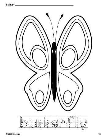 Free printable butterfly coloring page and word tracing worksheet, letter formation guides, perfect for preschool, pre-k, and kindergarten, PDF