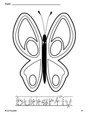 Free printable butterfly coloring page and word tracing worksheet, letter formation guides, perfect for preschool, pre-k, and kindergarten, PDF