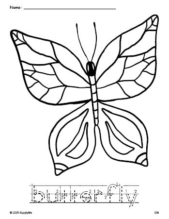 Free printable butterfly coloring page and word tracing worksheet, letter formation guides, perfect for preschool, pre-k, and kindergarten, PDF