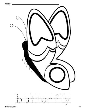 Free printable butterfly coloring page and word tracing worksheet, perfect for preschool, pre-k, and kindergarten, PDF