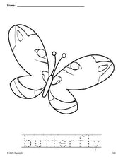 Free printable butterfly coloring page and word tracing worksheet, perfect for preschool, pre-k, and kindergarten, PDF