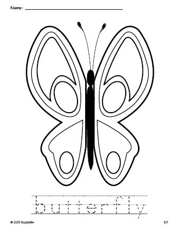 Free printable butterfly coloring page and word tracing worksheet, perfect for preschool, pre-k, and kindergarten, PDF