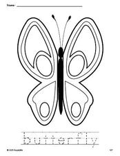 Free printable butterfly coloring page and word tracing worksheet, perfect for preschool, pre-k, and kindergarten, PDF