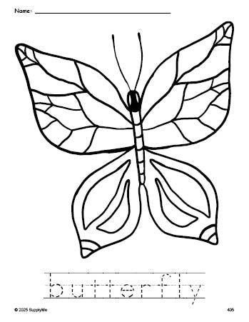 Free printable butterfly coloring page and word tracing worksheet, perfect for preschool, pre-k, and kindergarten, PDF