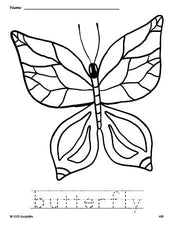 Free printable butterfly coloring page and word tracing worksheet, perfect for preschool, pre-k, and kindergarten, PDF