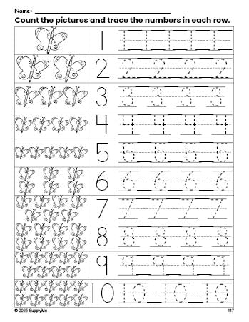 Free printable butterfly counting worksheet for preschool and pre-k with number tracing practice 1-10, PDF