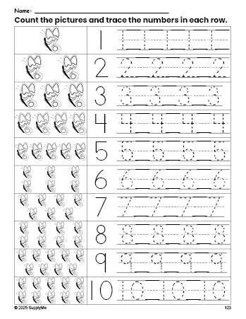 Free printable butterfly counting worksheet for preschool and pre-k with number tracing practice 1-10, PDF