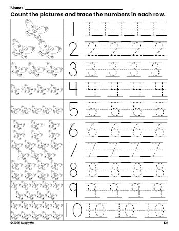 Free printable butterfly counting worksheet for preschool and pre-k with number tracing practice 1-10, PDF