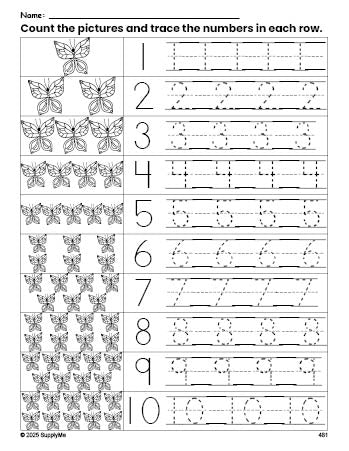 Free printable butterfly counting worksheet for preschool and pre-k with number tracing practice 1-10, PDF