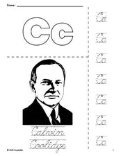 Free printable Calvin Coolidge Presidents' Day coloring page and cursive letter tracing worksheet, letter c worksheet for preschool, pre-k, and kindergarten, PDF