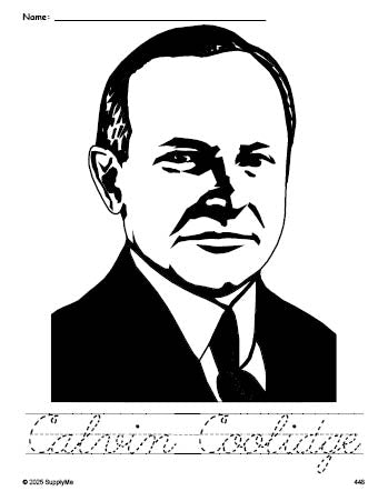 Free printable Calvin Coolidge Presidents' Day coloring page and cursive word tracing worksheet, perfect for preschool, pre-k, and kindergarten, PDF