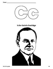 Free printable Calvin Coolidge Presidents' Day coloring page, letter c coloring page for preschool, pre-k, and kindergarten, PDF