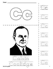 Free printable Calvin Coolidge Presidents' Day coloring page and letter tracing worksheet, letter c worksheet for preschool, pre-k, and kindergarten, PDF