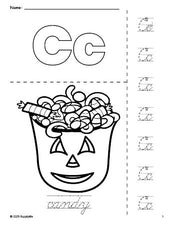 Free printable candy Halloween coloring page and cursive letter tracing worksheet, letter c worksheet for preschool, pre-k, and kindergarten, PDF