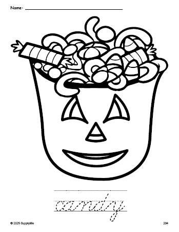 Free printable candy Halloween coloring page and cursive word tracing worksheet, perfect for preschool, pre-k, and kindergarten, PDF