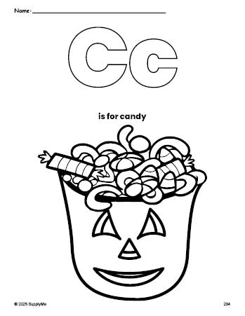 Free printable candy Halloween coloring page, letter c coloring page for preschool, pre-k, and kindergarten, PDF