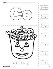 Free printable candy Halloween coloring page and letter tracing worksheet, letter c worksheet for preschool, pre-k, and kindergarten, PDF