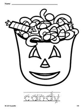 Free printable candy Halloween coloring page and word tracing worksheet, letter formation guides, perfect for preschool, pre-k, and kindergarten, PDF