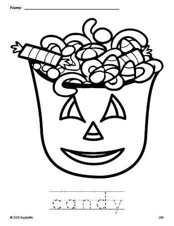 Free printable candy Halloween coloring page and word tracing worksheet, perfect for preschool, pre-k, and kindergarten, PDF