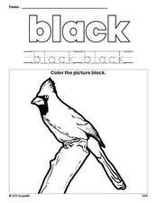 Free cardinal color black coloring page and color worksheet, black worksheet for preschoolers to learn colors, printable PDF