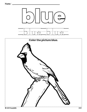 Free cardinal color blue coloring page and color worksheet, blue worksheet for preschoolers to learn colors, printable PDF