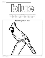 Free cardinal color blue coloring page and color worksheet, blue worksheet for preschoolers to learn colors, printable PDF