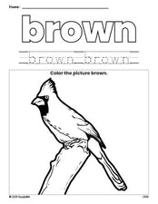 Free cardinal color brown coloring page and color worksheet, brown worksheet for preschoolers to learn colors, printable PDF