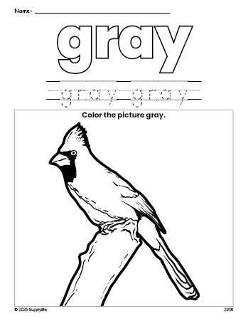 Free cardinal color gray coloring page and color worksheet, gray worksheet for preschoolers to learn colors, printable PDF