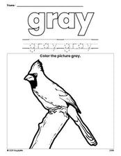 Free cardinal color gray coloring page and color worksheet, gray worksheet for preschoolers to learn colors, printable PDF