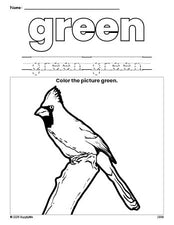 Free cardinal color green coloring page and color worksheet, green worksheet for preschoolers to learn colors, printable PDF