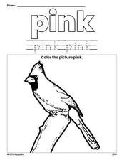 Free cardinal color pink coloring page and color worksheet, pink worksheet for preschoolers to learn colors, printable PDF