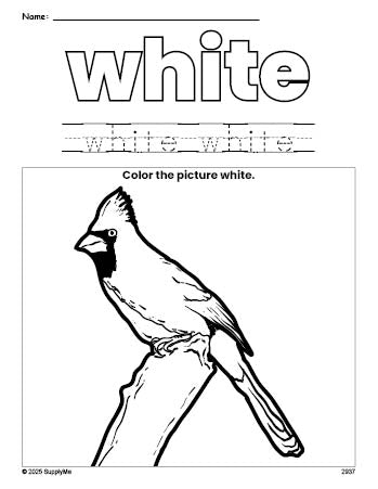 Free cardinal color white coloring page and color worksheet, white worksheet for preschoolers to learn colors, printable PDF