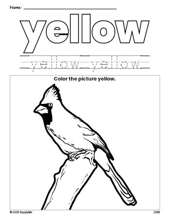 Free cardinal color yellow coloring page and color worksheet, yellow worksheet for preschoolers to learn colors, printable PDF