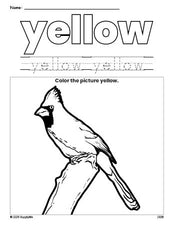 Free cardinal color yellow coloring page and color worksheet, yellow worksheet for preschoolers to learn colors, printable PDF