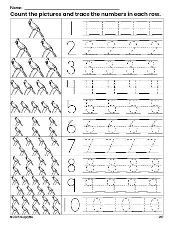 Free printable cardinal counting worksheet for preschool and pre-k with number tracing practice 1-10, PDF